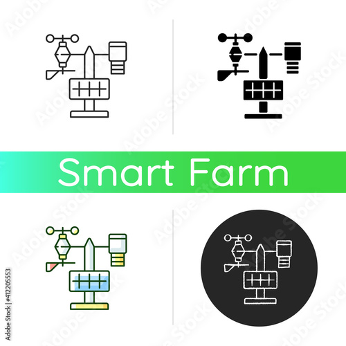 Weather stations icon. Agriculture meteo analysis. Optimal farming conditions. Weather data. Environmental monitoring. Linear black and RGB color styles. Isolated vector illustrations