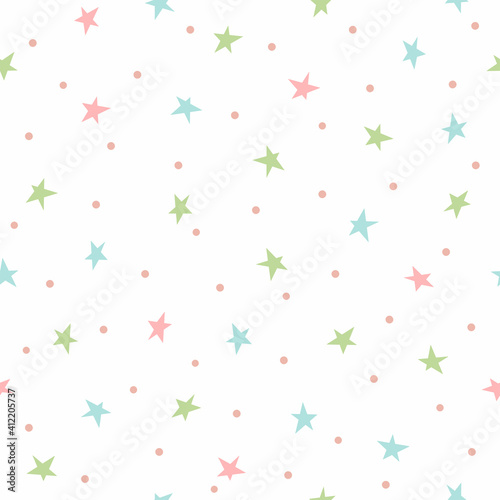 Cute seamless pattern with scattered small stars and dots. Simple vector illustration.