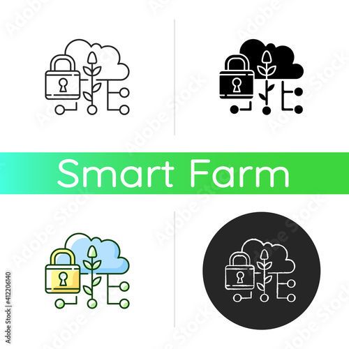 Data security in agriculture icon. Information protection. Smart farm. Cybersecurity in precision agriculture. Linear black and RGB color styles. Isolated vector illustrations