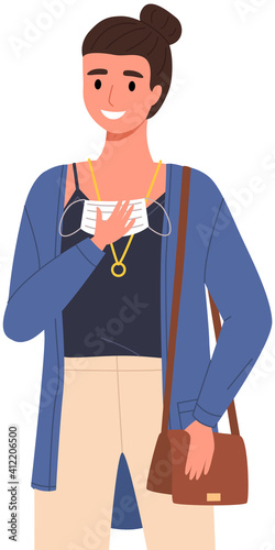 Girl is putting on mask. Woman is posing. Young girl without medical mask vector illustration isolated on white background. Self-isolation during quarantine and pandemic. Female remove face mask