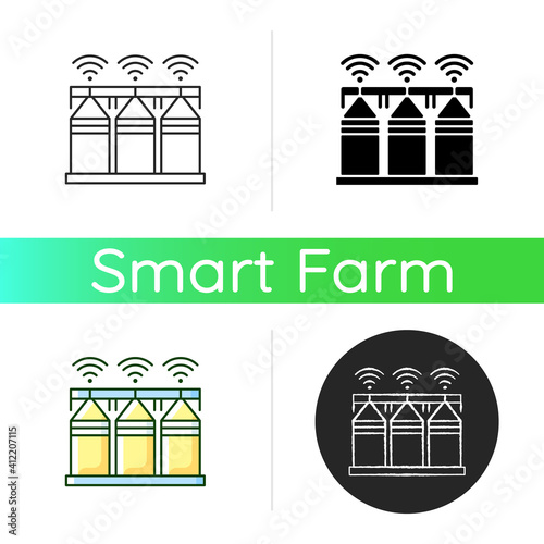 Smart crop storage icon. Precision farming. Technological innovation. IoT-powered monitoring. Linear black and RGB color styles. Isolated vector illustrations