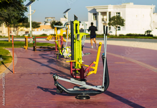 Outdoor gym in the park on early morning hour.Activity