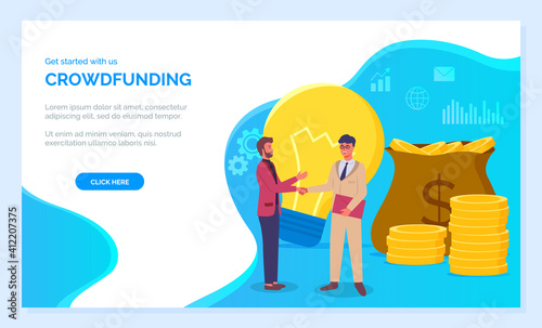 Crowdfunding landing page template. People invest their money to business for future profit. Fundraising for the project using the internet. Two businessman shake hands, light bulb and bag of money
