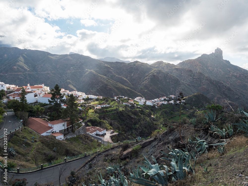 Picturesque Canarian village Tejeda in mountain valley scenery and view of bentayga rock Gran Canaria, Canary Islands, Spain