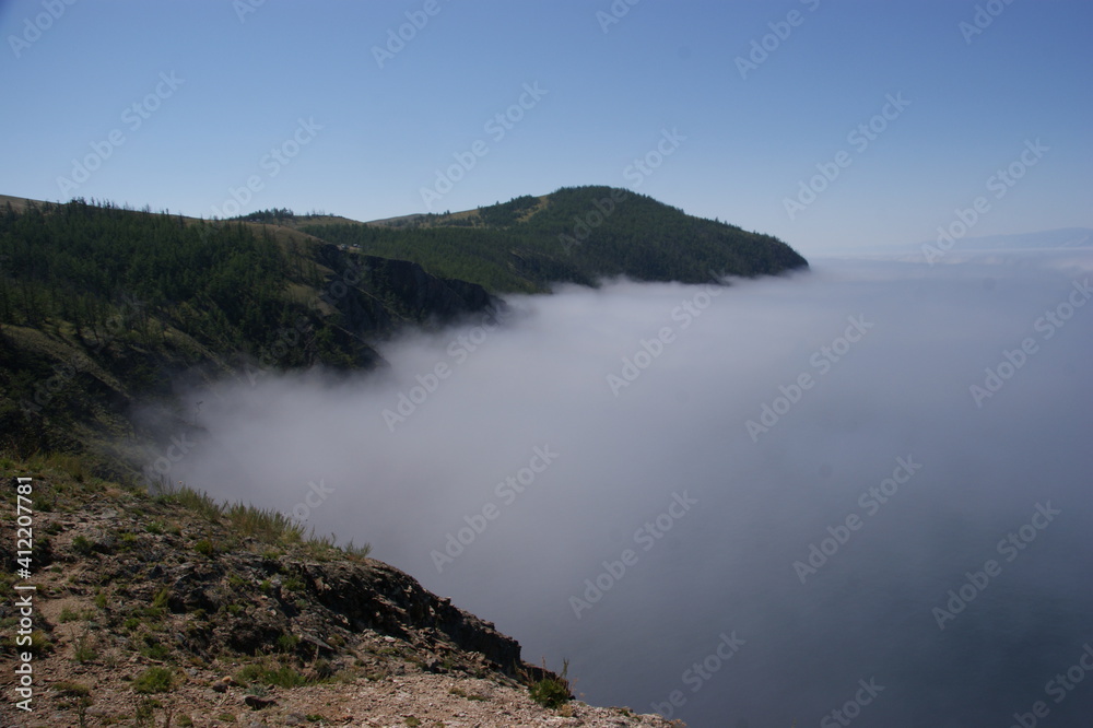 Thick fog over the great lake Baikal, Siberia