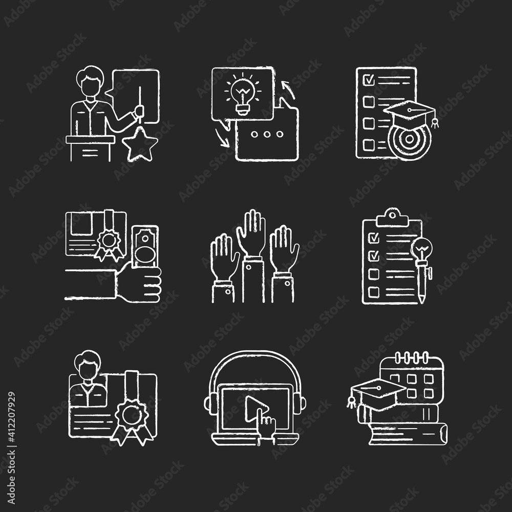 Workshop chalk white icons set on black background. Training participation. Hands-on learning. Mobile broadcasts. Creative idea generation. Isolated vector chalkboard illustrations Workshop chalk white icons set on black background. Training participation. Hands-on learning. Mobile broadcasts. Creative idea generation. Isolated vector chalkboard illustrations
