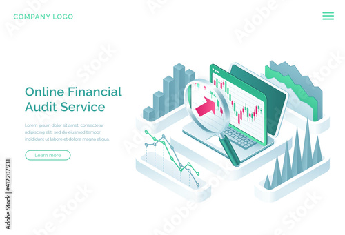 Online financial audit service banner. Digital service for accounting, budget analysis, balance valuation. Vector landing page of with isometric laptop, graphs, charts and magnifier