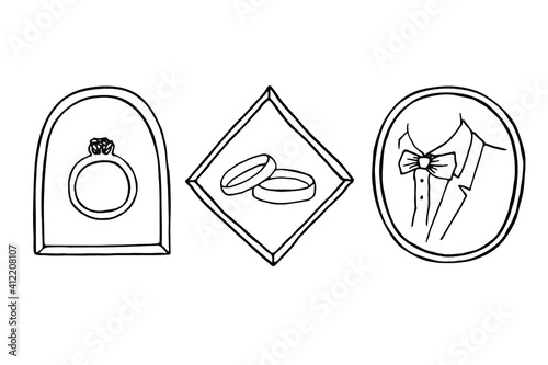 wedding ring with diamond, wedding rings simple, drawing of a groom's suit - a set of vector doodles in frames. simple hand drawn vector drawings on a wedding theme.