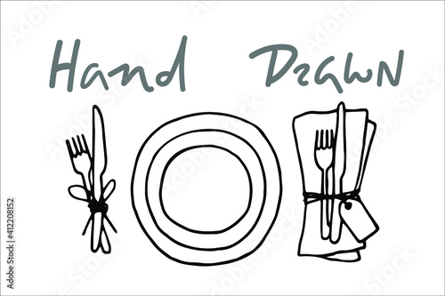 plates with two sets of cutlery - on a napkin and without - vector drawing. traced sketch top view - table setting for one person. choice of serving cutlery.