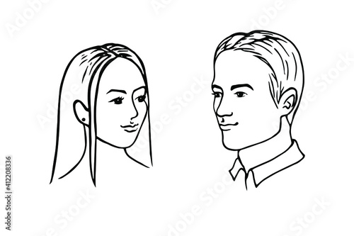 Man and woman portraits in three quarters - vector hand-drawn illustration. A beautiful woman with long flowing hair smiles and looks at a handsome man with short styled hair. Spousal portrait
