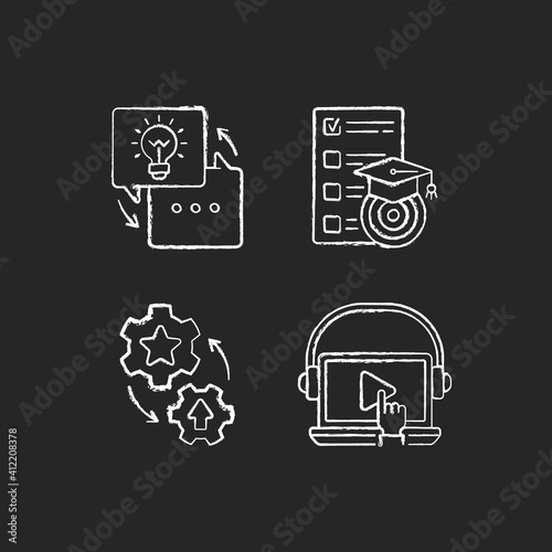 Workshop chalk white icons set on black background. On-demand webinar. Goals for study. List of learning goals. Leveling up practical skills. Isolated vector chalkboard illustrations