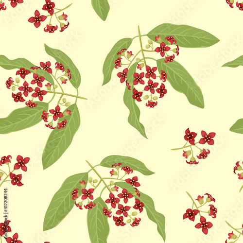 Seamless pattern with sandalwood branch with red flowers and green leaves on yellow. Floral background. Vector illustration of blooming plant in cartoon flat style.