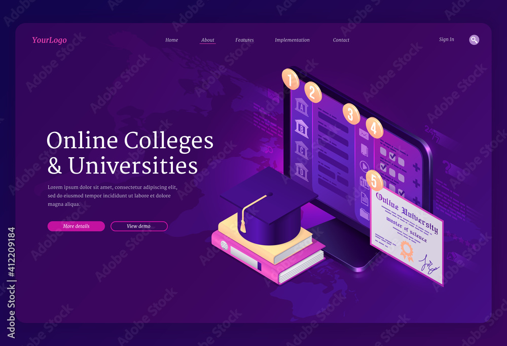 Online colleges and universities banner. Digital service for internet learning, distance study. Vector landing page of academic elearning with isometric computer, certificate, books and graduation cap