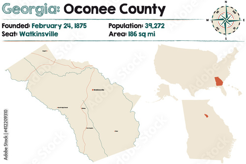 Large and detailed map of Oconee county in Georgia, USA.