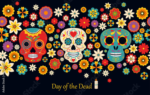 Vector Dia de Los Muertos, Day of the Dead or Mexico Halloween. The main symbols of the holiday on the dark background. Day of the dead.