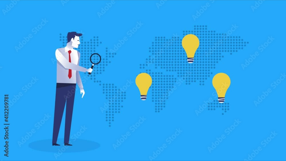 elegant businessman worker with magnifying glass and bulb in earth planet