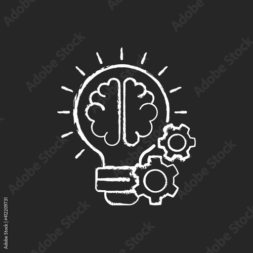 Idea generation chalk white icon on black background. Training. Process of creation brilliant concepts. Strategy development. Workshops conducting. Isolated vector chalkboard illustration
