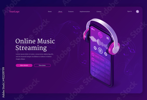 Online music streaming service isometric landing page. Playlist in smartphone audio player application and headphones playing mp3 stream with notes on stave around. 3d vector concept for web banner