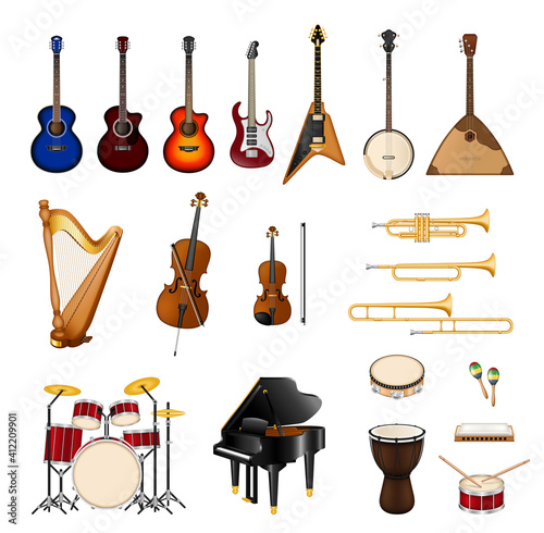 Musical instruments pealistic. Different types of musical instruments illustration