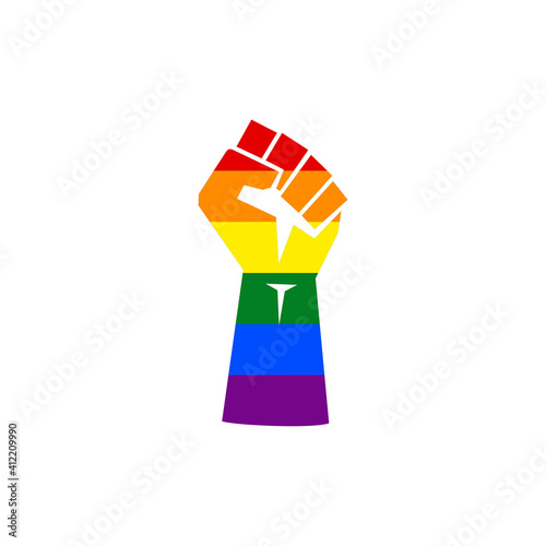 LGBT symbol Vector LGBT+ rainbow flag circle with power raised up fist symbol - for gay, lesbian, bisexual, transgender, asexual, intersexual and queer relationship, love or sexuality rights.