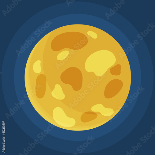 Cartoon fantastic yellow planet on dark blue space background. Cosmic object solar system astronomical element. Space game element vector objects round shape. Celestial body in orbit around a star