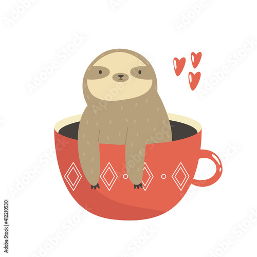 Funny sloth sitting inside of red mug. Vector illustration of a cute animal.