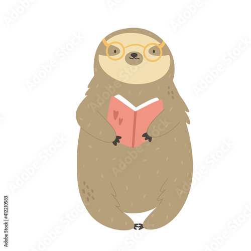 Vector illustration of a cute funny sloth with book.