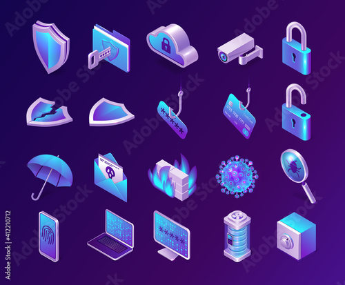 Computer security isometric icons set. Phishing, safe, database server and firewall, spam letter, shield, umbrella and lock, fingerprint or cloud computing technology service, isolated 3d vector signs