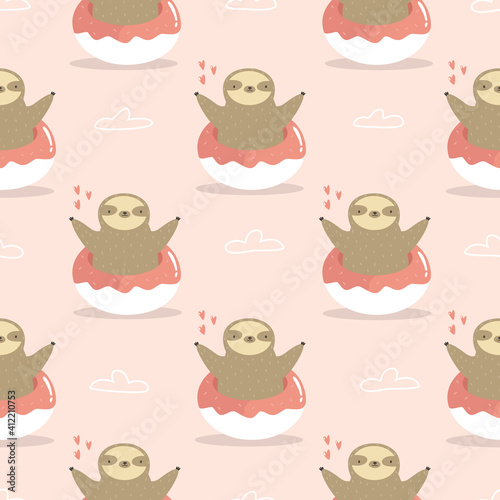 Seamless pattern with cute sloths jumping of donuts.