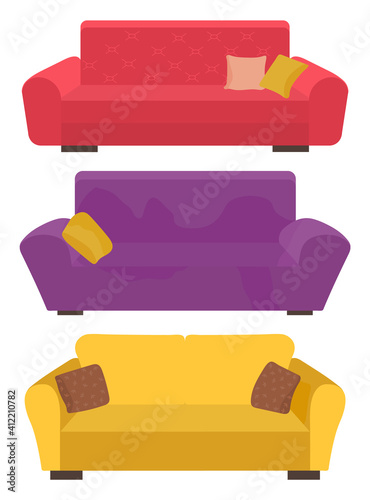 Sofa set with pillows. Living room furniture design concept modern home interior element flat vector. Contemporary furniture for living room or home office. Modern sofa with soft cloth upholstery