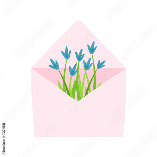 Pink open envelope with flowers. Cute stock vector illustration in shabi chic style, simple cartoon style. Mailing list design element. Isolate on white background.