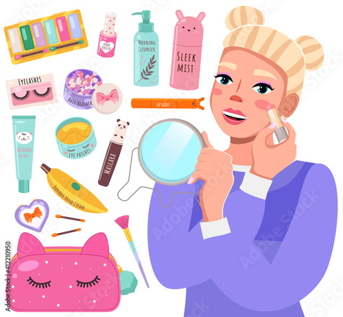 Makeup master class banner with beautiful young woman, modern cartoon style. Blonde beauty lady applies blush looks in the mirror. Make-up accessories, skin care products flat vector illustration