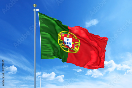 Portugal flag waving on a high quality blue cloudy sky, 3d illustration