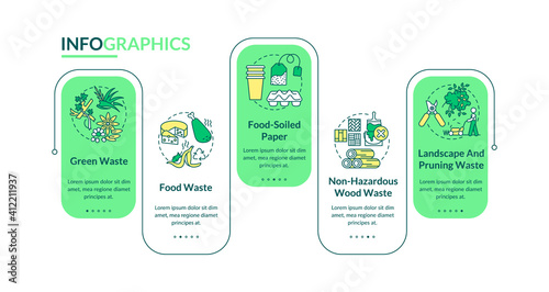 Biodegradable waste vector infographic template. Green, food, food-soiled paper presentation design elements. Data visualization with 5 steps. Process timeline chart. Workflow layout with linear icons