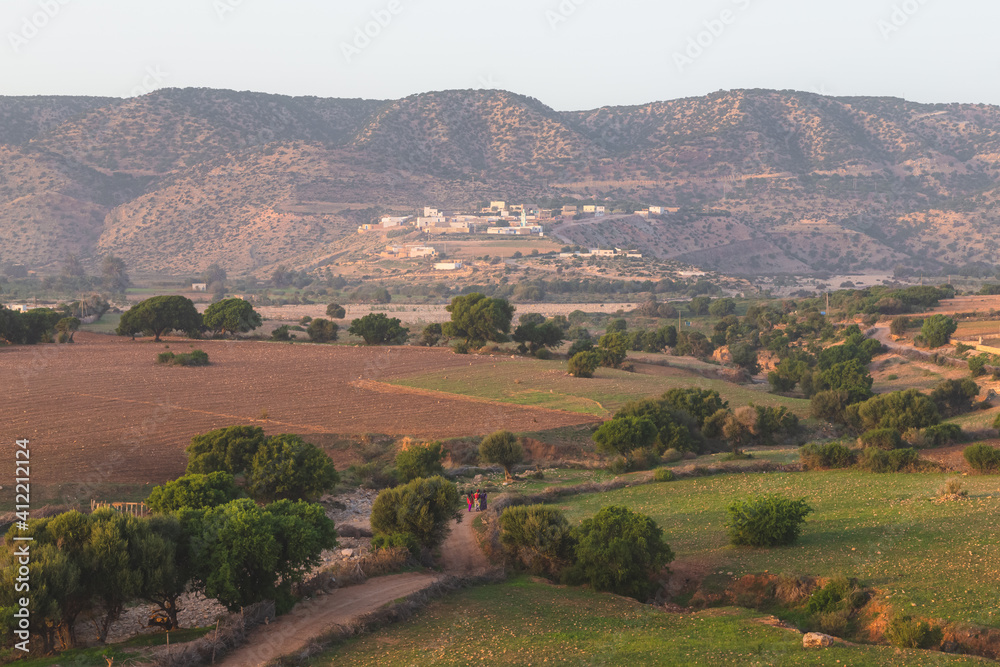 View out to the hills and countryside near Essaouira at Tafedna, Morocco.