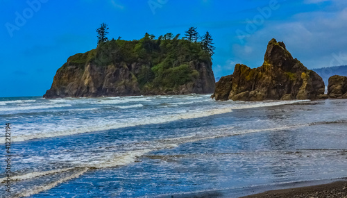 Marine landscape. Small islands and rocks on the shores of the Pacific Ocean in Olympic National Park, Washington