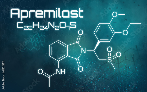 Chemical formula of Apremilast on a futuristic background photo