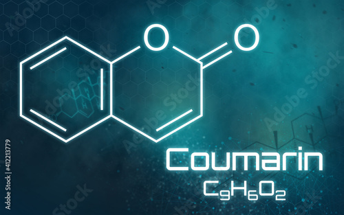 Chemical formula of Coumarin on a futuristic background photo