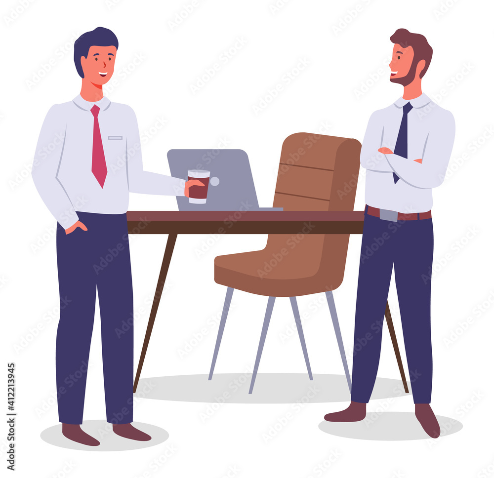 Office workers. Colleagues communicating. Executive guy wearing office suit talking with man holding cup with drink. Business people discuss a new project or startup, working. Boss and office worker Office workers. Colleagues communicating. Executive guy wearing office suit talking with man holding cup with drink. Business people discuss a new project or startup, working. Boss and office worker