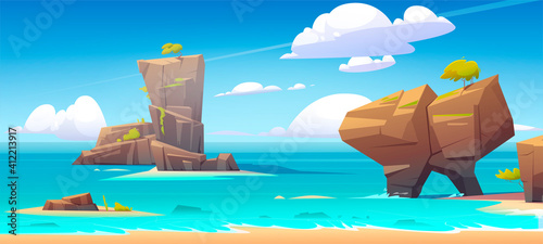 Sea beach, mountains in water and clouds in blue sky. Vector cartoon summer landscape of ocean shore, rock islands with green trees and stones. Seascape panorama, vacation and resort concept