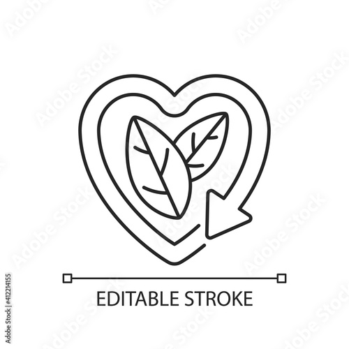 Please recycle sign linear icon. Natural cosmetics production. Ecology movement. Thin line customizable illustration. Contour symbol. Vector isolated outline drawing. Editable stroke
