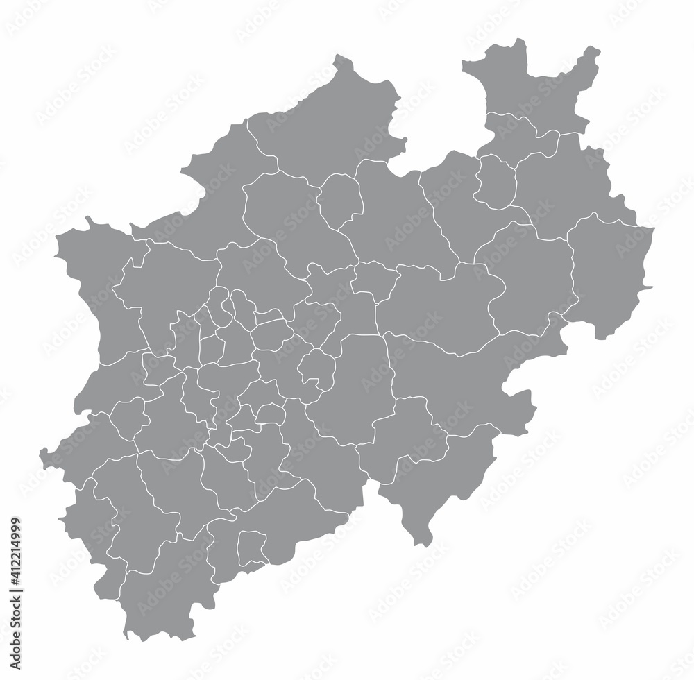 The North Rhine-Westphalia isolated map divided in districts, Germany