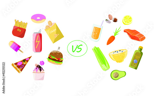 Healthy vs unhealthy food. Concept of choice between good and bad nutrition. Fastfood, sweet and fat eating versus balanced product set. Colored flat vector illustration isolated on white background