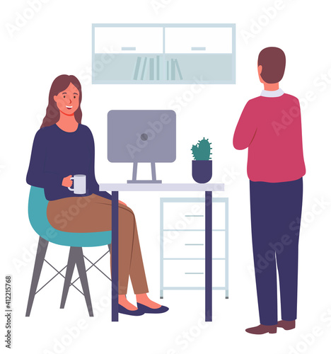 Office meeting and consideration of working affairs. Women office worker communicating at workspace. Businesswoman dressed formally standing in room and talking to girl sitting at table with laptop
