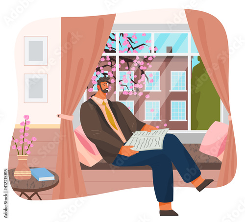 Man sitting on windowsill at home, relaxing reading newspaper near window with cityscape, nice spring flowering tree with pink flowers. Male character rest in cozy interior, spend time at home