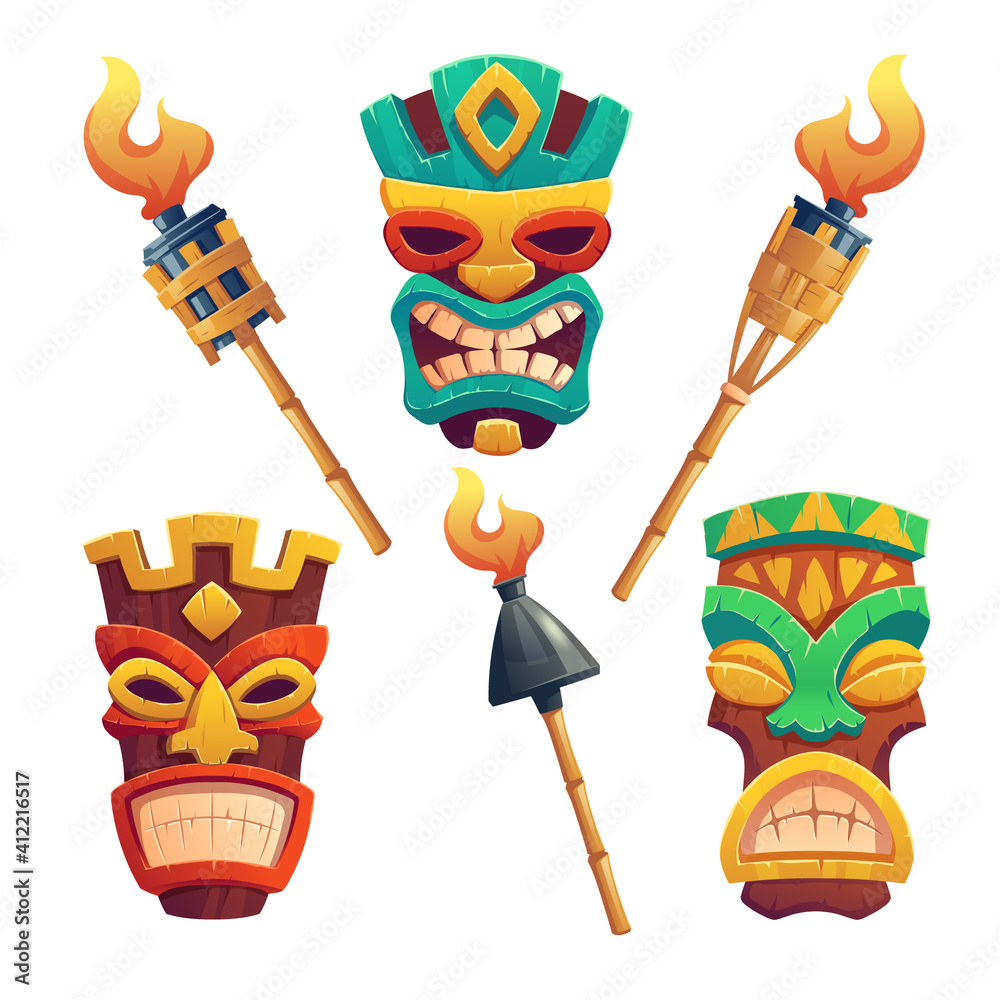 Tiki masks, hawaiian tribal totem and burning torches on bamboo stick