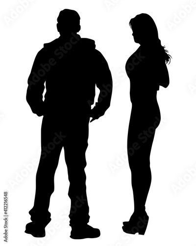 Young man and woman walking down street. Isolated silhouette on a white background