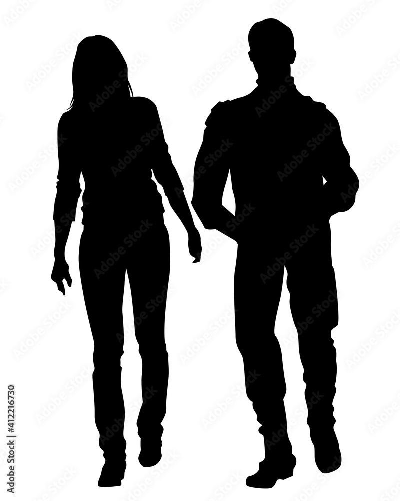 Young man and woman walking down street. Isolated silhouette on a white background