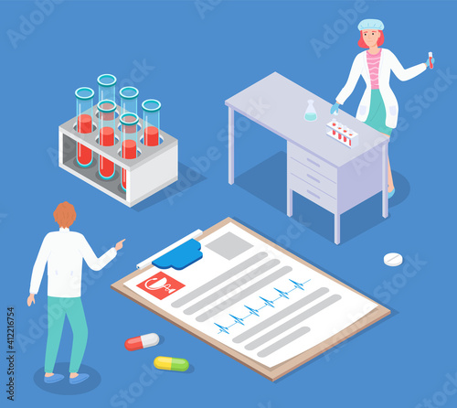 Isolated icon of clipboard with diagnosis of patient, cardiogram, medical info, results of medical test. Scientist woman make research with test tube. Tubes with blood. Man gesture hand. Pills icon