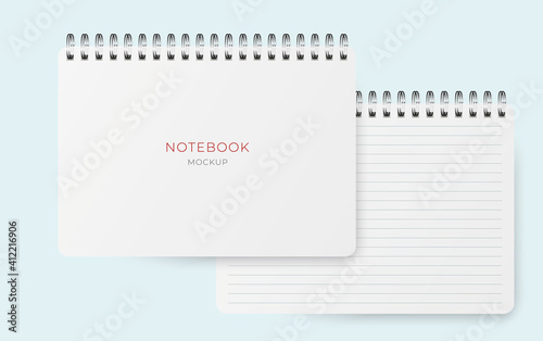 Vector realistic horisontal  opened notebook with lined paper sheet. spiral notepad blank mockup A4.